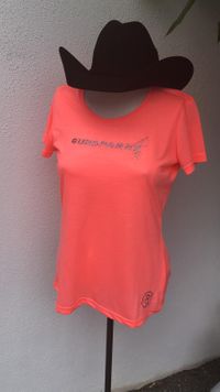 Damen T-Shirt, Stretch, neonOrange, Logo in buntglitzer