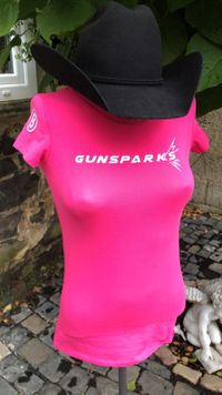 Damen T-Shirt, Stretch, pink, Logo in hellblauglitzer